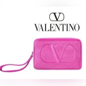 NWT Valentino Vibrant Pink velour Wristlet cosmetics bag